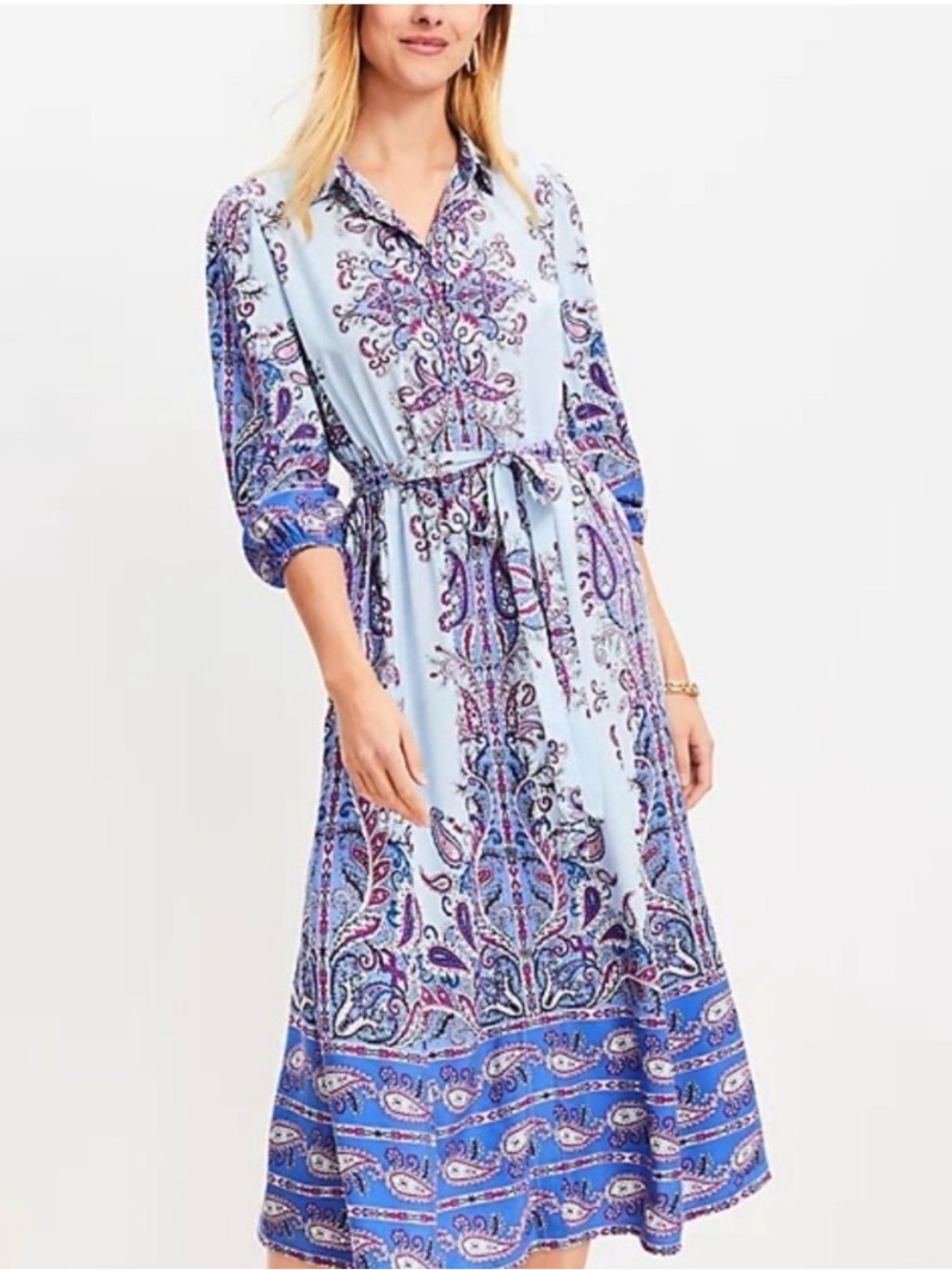 LOFT Light Blue Paisley Midi Shirt Dress